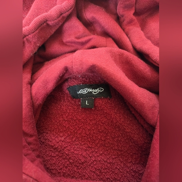 Ed Hardy Women’s L Red Burgundy Koi Fish Tattoo Graphic Hoodie - Picture 3 of 9